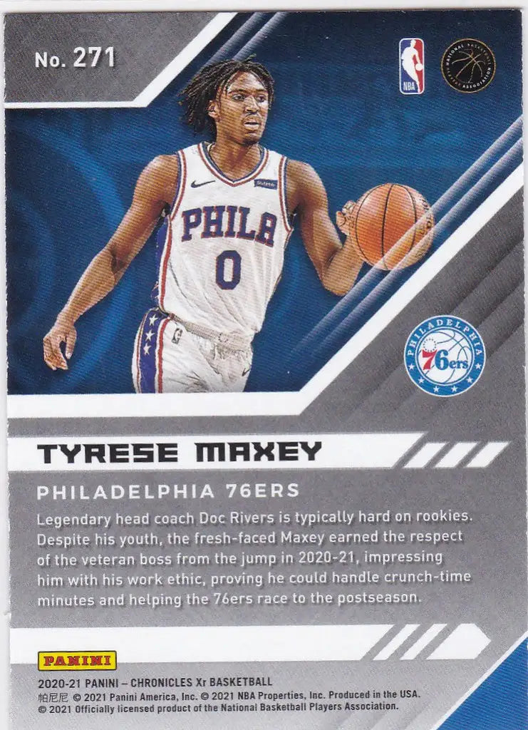 Basketball trading card of Tyrese Maxey in white jersey for Philadelphia 76ers