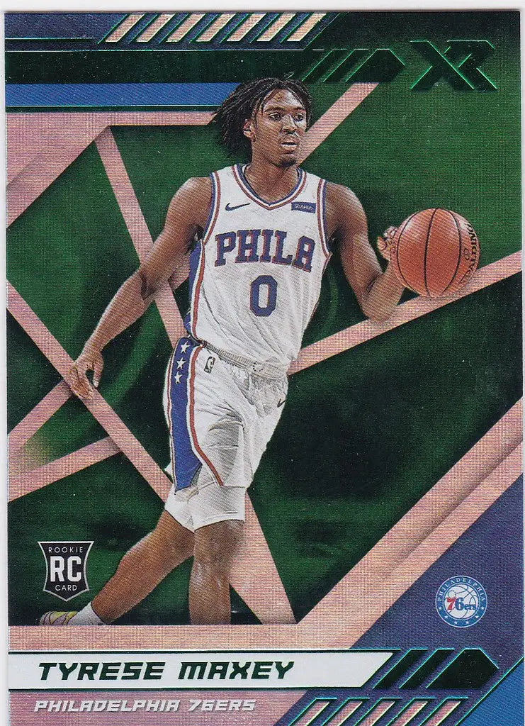 Basketball trading card of Tyrese Maxey in white jersey for Philadelphia 76ers