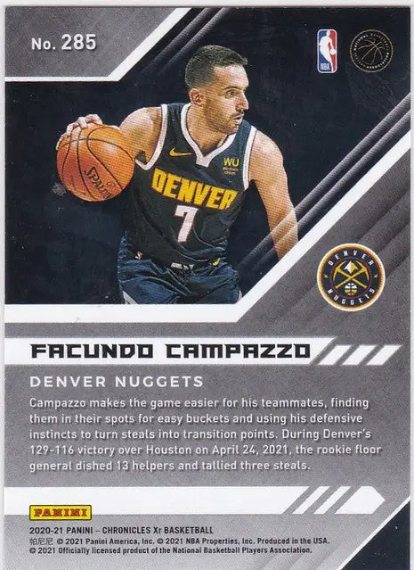 Basketball trading card of Facundo Campazzo in Denver Nuggets jersey, Chronicles XR Base