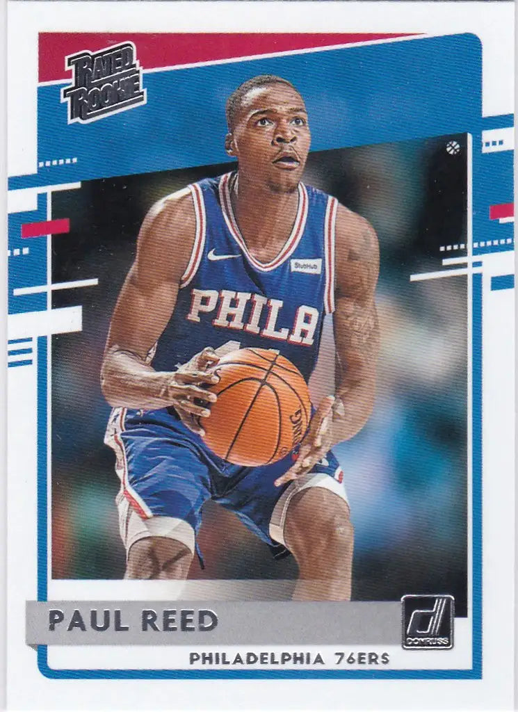 Basketball trading card of Paul Reed RC rookie with Philadelphia 76ers in action