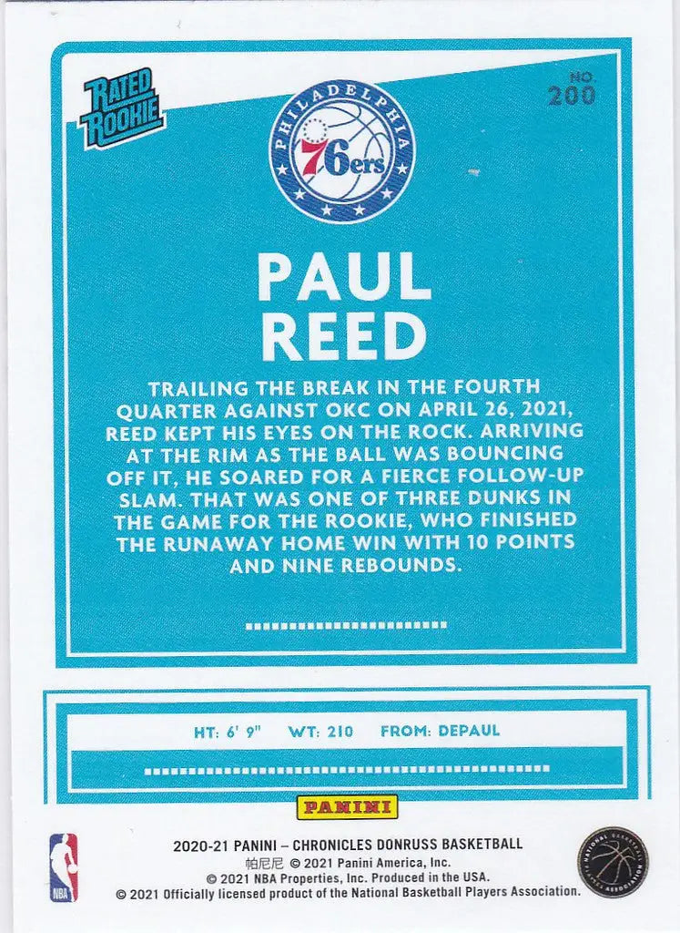 Basketball trading card of Paul Reed RC Rookie for Philadelphia 76ers 2020-21 Donruss