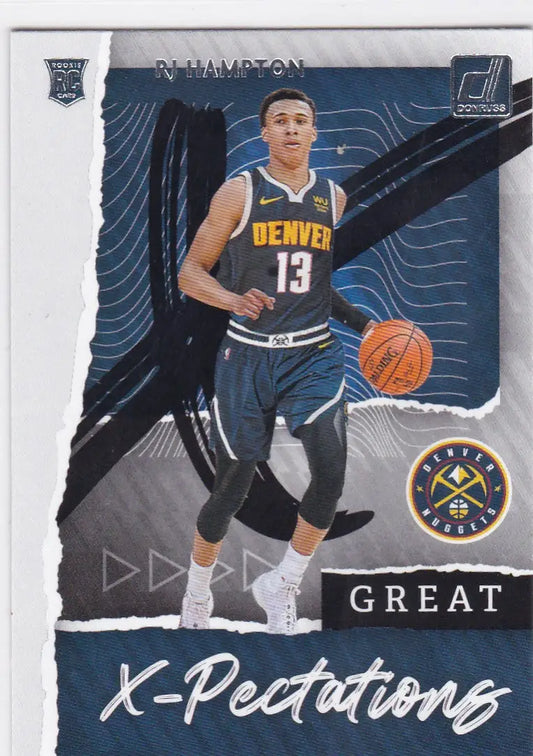 Basketball trading card of RJ Hampton representing the Denver Nuggets in navy uniform