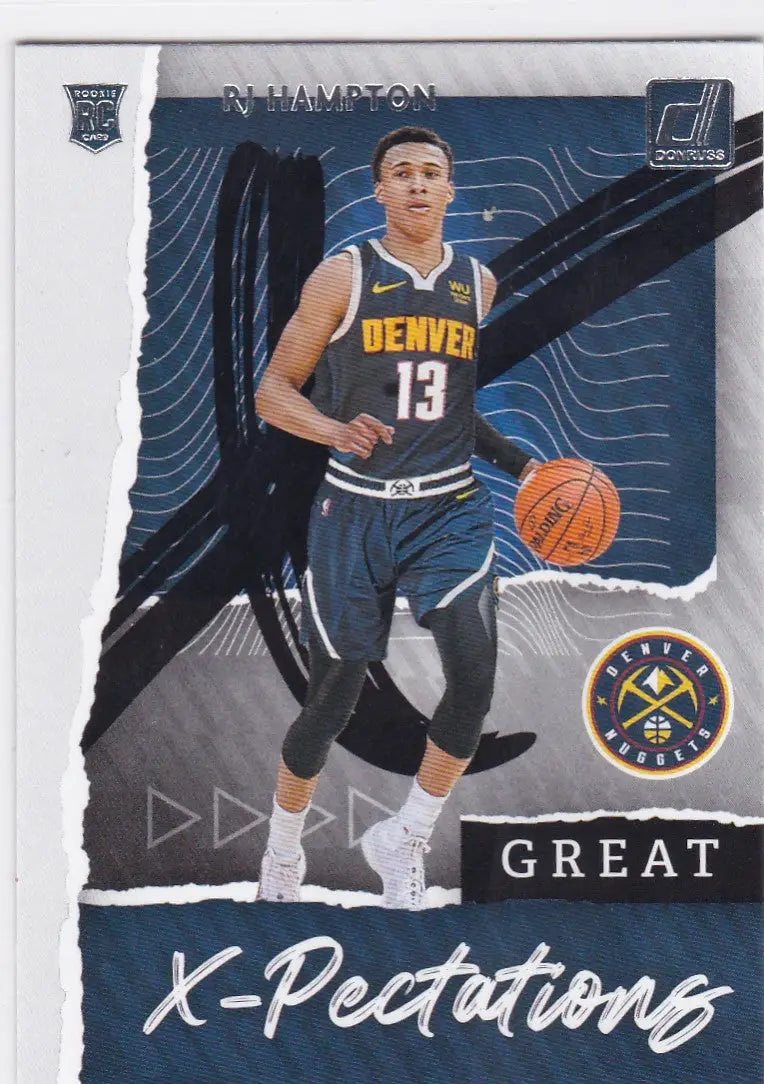 Basketball trading card of RJ Hampton representing the Denver Nuggets in navy uniform