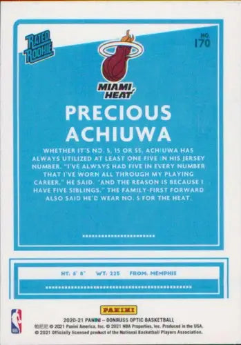 2020-21 Donruss Optic #170 Precious Achiuwa NM-MT RC Rookie Heat Rated ID:48902 - Basketball Card Single