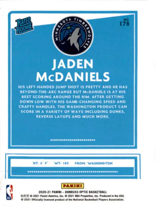 2020-21 Donruss Optic #178 Jaden McDaniels - Basketball Card Single