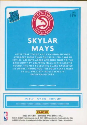 Skylar Mays basketball card from 2020-21 Donruss Optic with original gloss and rookie features