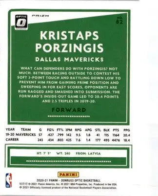 2020-21 Donruss Optic #82 Kristaps Porzingis Hyper Pink - Basketball Card Single