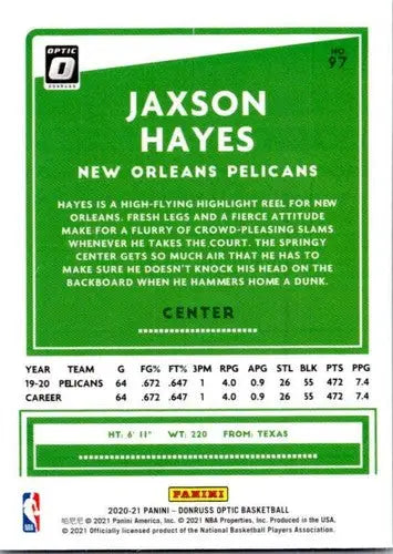 Jaxson Hayes basketball card from Donruss Optic 2020-21 with original gloss Pelicans