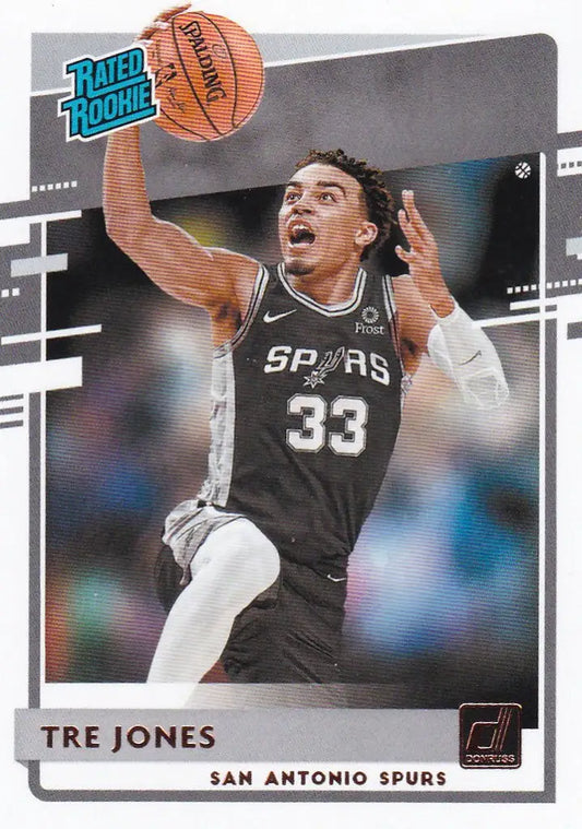 Basketball trading card of Tre Jones Rated Rookie from San Antonio Spurs NBA Hoops