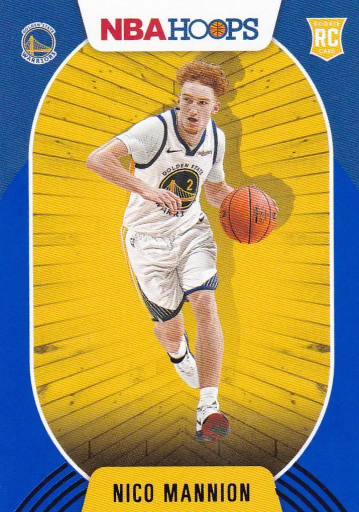 Basketball trading card of Nico Mannion dribbling for Golden State Warriors NBA Hoops