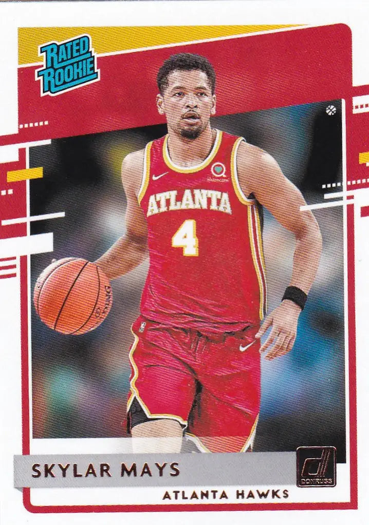 Skylar Mays Rated Rookie dribbling in NBA Hoops Atlanta Hawks red uniform trading card
