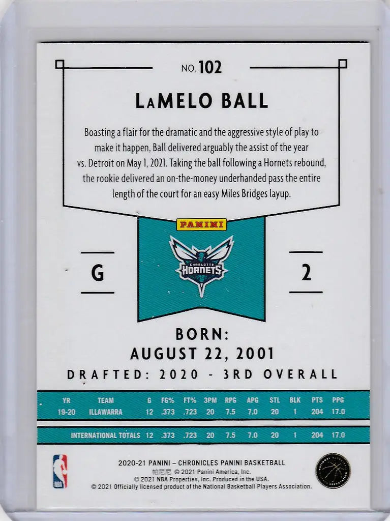 Basketball trading card of LaMelo Ball, Charlotte Hornets, 2020-21 Panini Chronicles