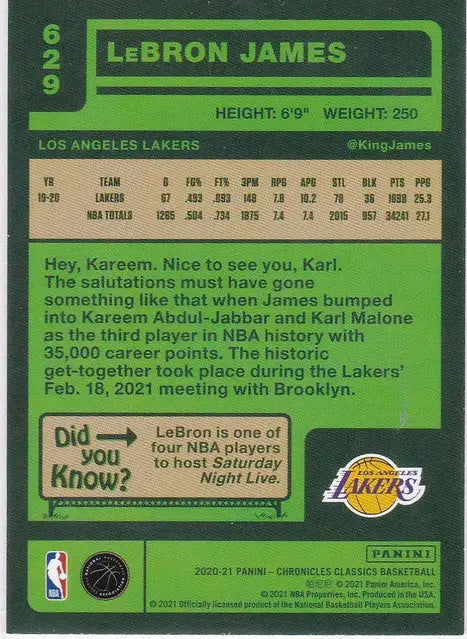 Basketball trading card of LeBron James Los Angeles Lakers from Panini Chronicles Classics