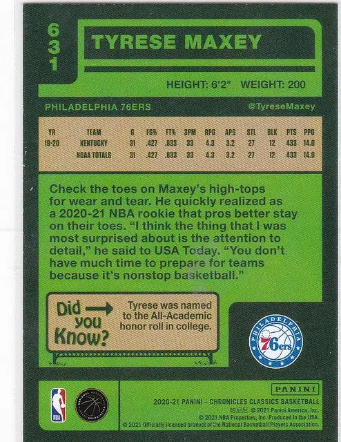 Tyrese Maxey RC card from Panini Chronicles Classics for Philadelphia 76ers fans