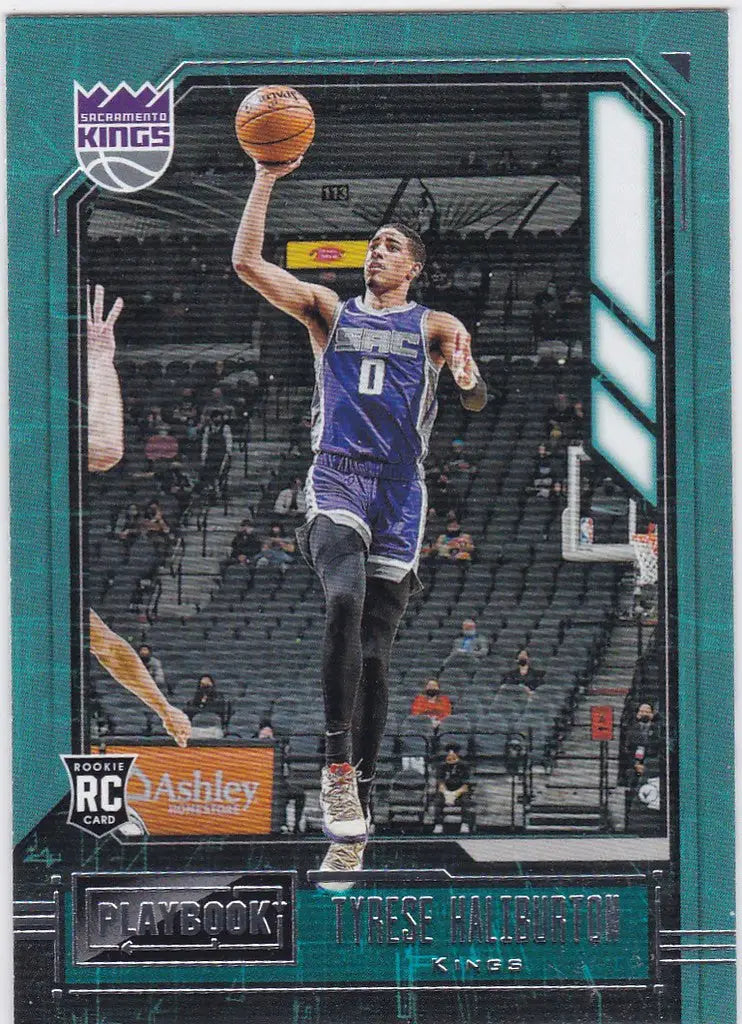 Basketball trading card of Tyrese Haliburton RC in Panini Chronicles Playbook design