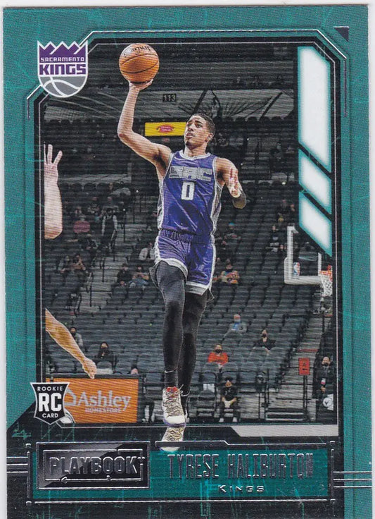Basketball trading card of Tyrese Haliburton RC in Panini Chronicles Playbook design