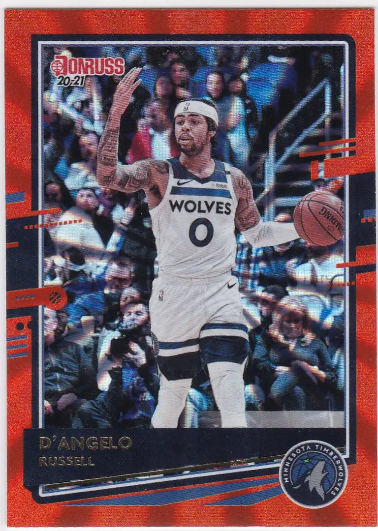 Basketball trading card of D’Angelo Russell in orange laser Minnesota Timberwolves jersey