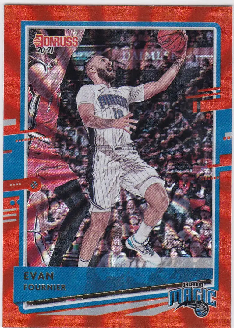 Basketball trading card of Evan Fournier Orange Laser from the Orlando Magic in action