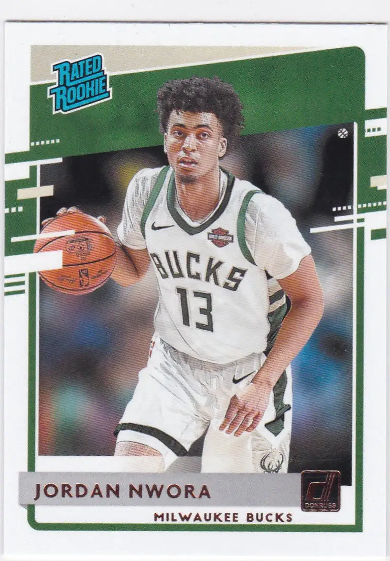 Basketball trading card of Jordan Nwora RC Milwaukee Bucks in white jersey number 13