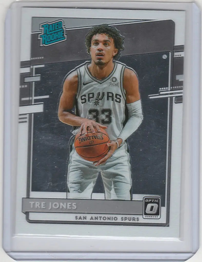Basketball trading card of Tre Jones San Antonio Spurs in Panini Donruss Optic design