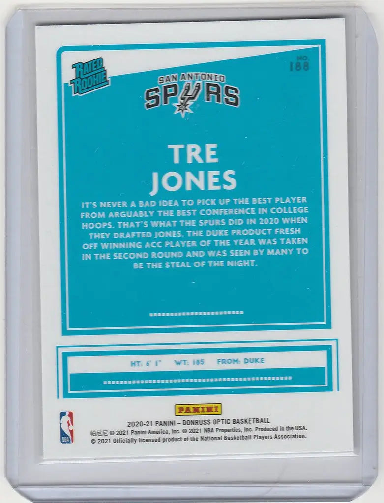 Basketball trading card of Tre Jones San Antonio from Panini Donruss Optic