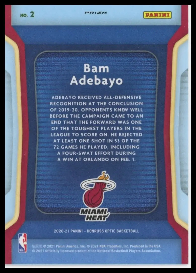 2020-21 Panini Donruss Optic - Air Defense Bam Adebayo #2 Purple Prizm - Basketball Card Single