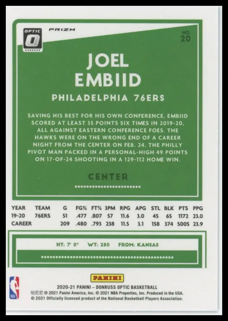 2020-21 Panini Donruss Optic - Joel Embiid #20 Blue Velocity Prizm - Basketball Card Single