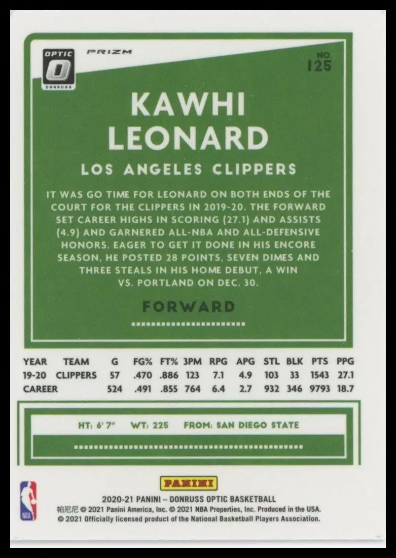 2020-21 Panini Donruss Optic - Kawhi Leonard #125 Pink Hyper Prizm - Basketball Card Single