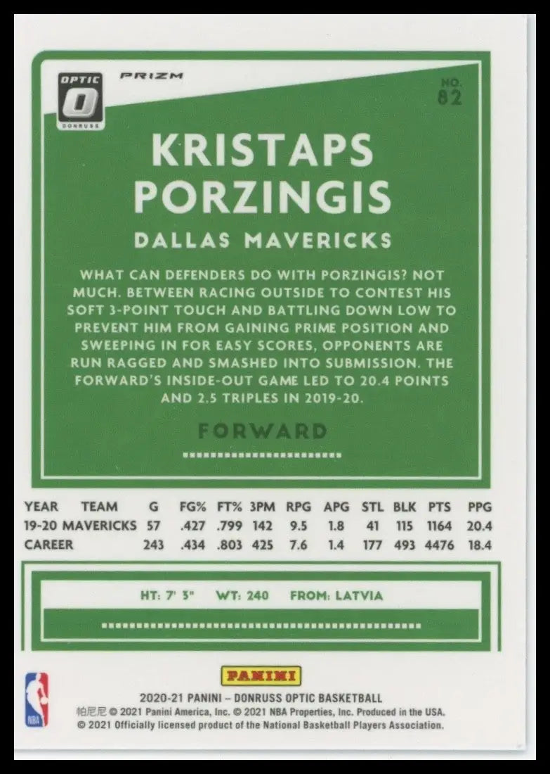 2020-21 Panini Donruss Optic - Kristaps Porzingis #82 Purple Prizm - Basketball Card Single