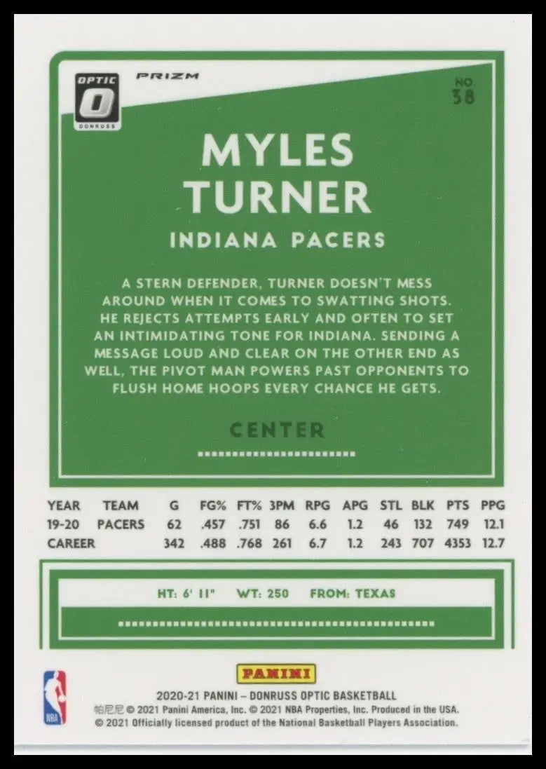 2020-21 Panini Donruss Optic - Myles Turner #38 Blue Velocity Prizm - Basketball Card Single