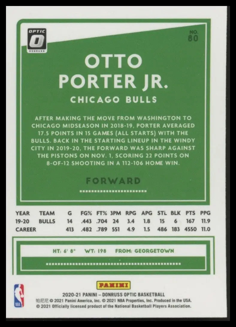 2020-21 Panini Donruss Optic Otto Porter #80 Chicago Bulls Basketball Card NBA - Basketball Card Single