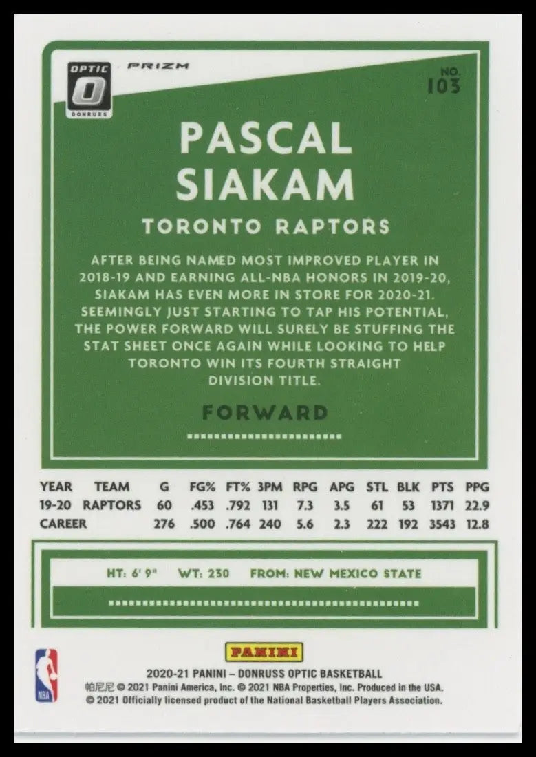 2020-21 Panini Donruss Optic - Pascal Siakam #103 Purple Prizm - Basketball Card Single
