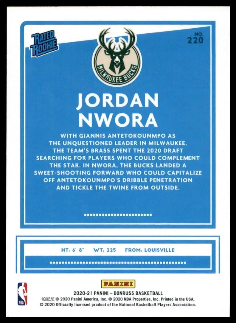 2020-21 Panini Donruss Rookie Jordan Nwora #220 Milwaukee Bucks Basketball Card - Basketball Card Single