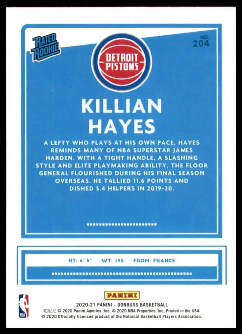 2020-21 Panini Donruss Rookie Killian Hayes #204 Detroit Pistons Basketball Card - Basketball Card Single