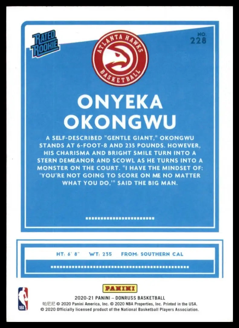 2020-21 Panini Donruss Rookie Onyeka Okongwu #228 Atlanta Hawks Basketball Card - Basketball Card Single