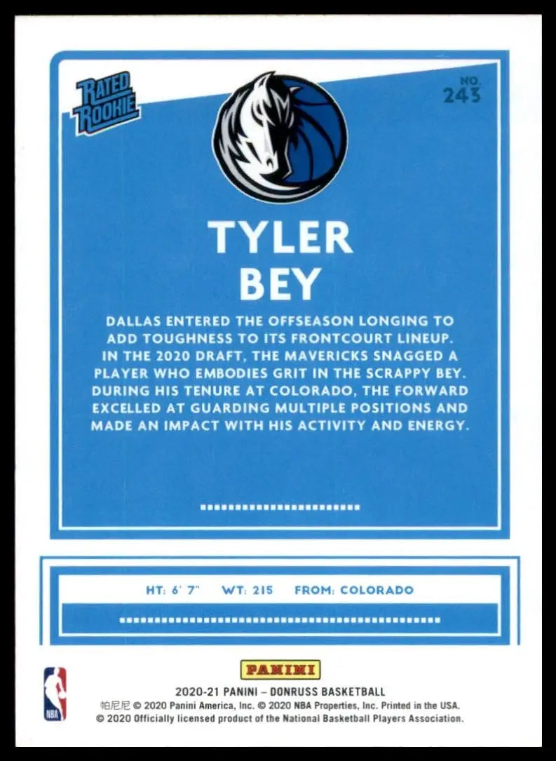 2020-21 Panini Donruss Rookie Tyler Bey #245 Dallas Mavericks Basketball Card - Basketball Card Single
