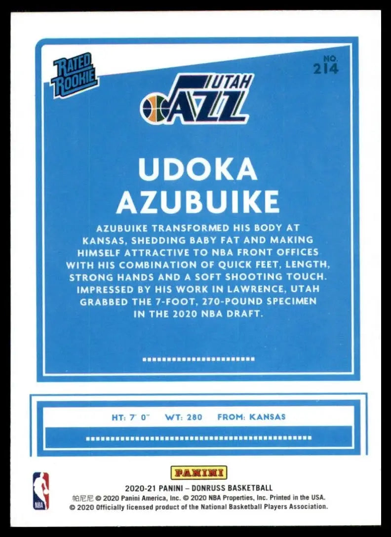 2020-21 Panini Donruss Rookie Udoka Azubuike #214 Utah Jazz Basketball Card NBA - Basketball Card Single