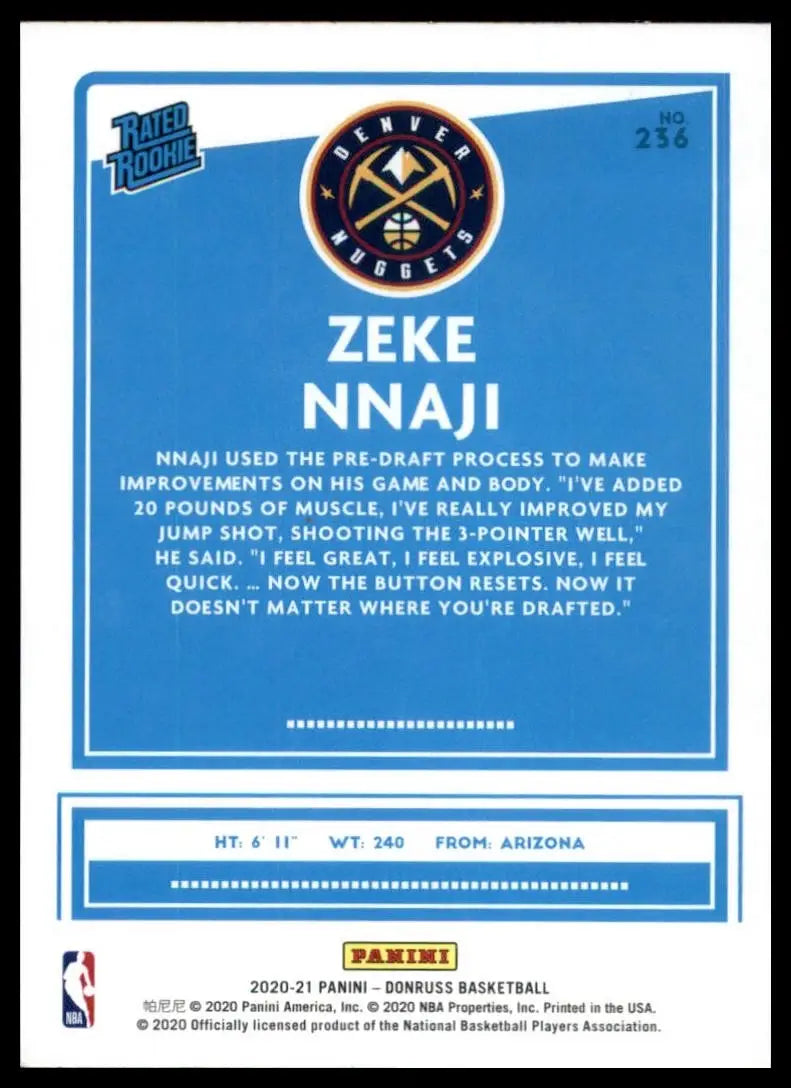 2020-21 Panini Donruss Rookie Zeke Nnaji #236 Denver Nuggets Basketball Card NBA - Basketball Card Single