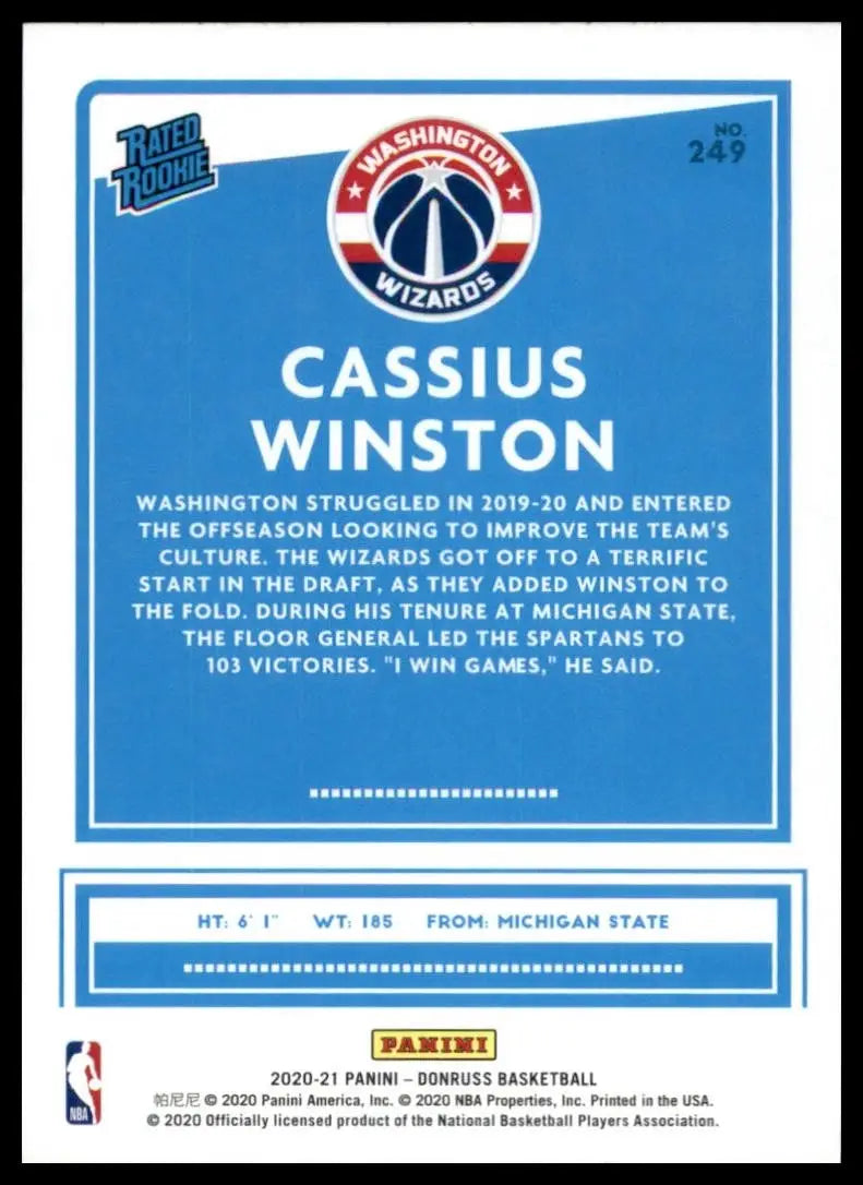 2020-21 Panini Donruss Rookies Cassius Winston #249 Washington Wizard Basketball - Basketball Card Single
