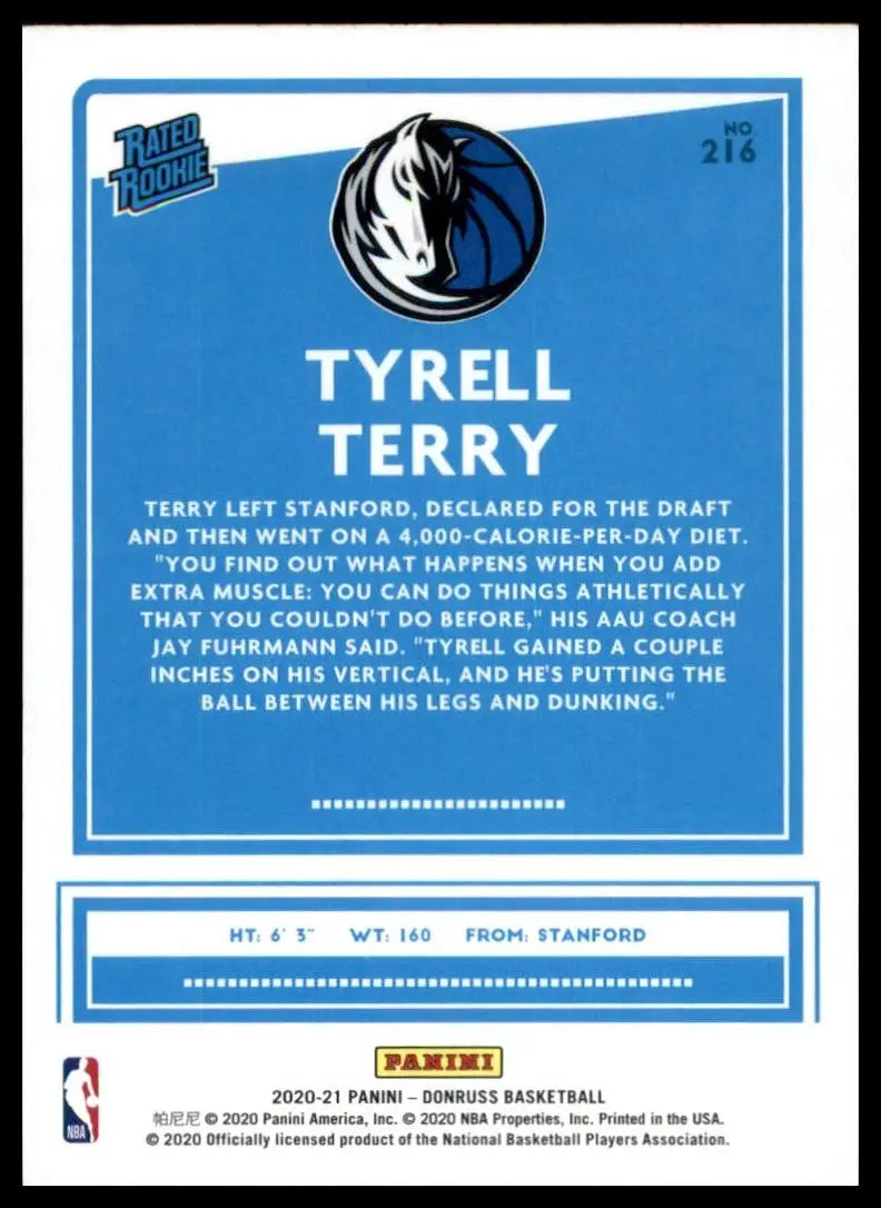 2020-21 Panini Donruss Rookies Tyrell Terry #216 Dallas Mavericks Basketball NBA - Basketball Card Single
