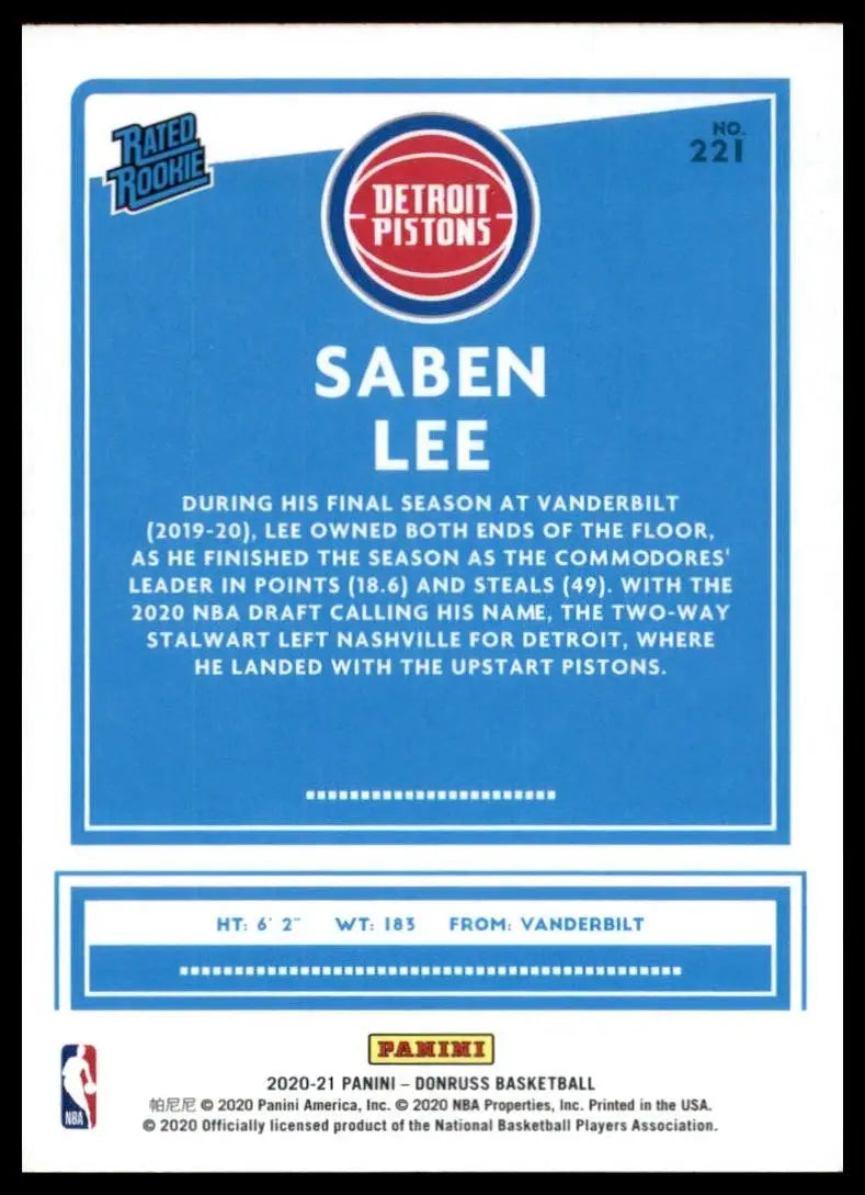 2020-21 Panini Donruss Saben Lee #221 Rookie Detroit Pistons Basketball Card NBA - Basketball Card Single