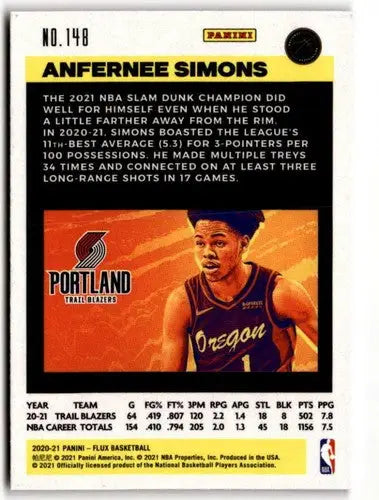 Original gloss Anfernee Simons basketball card from Panini Flux 2020-21 Blazers