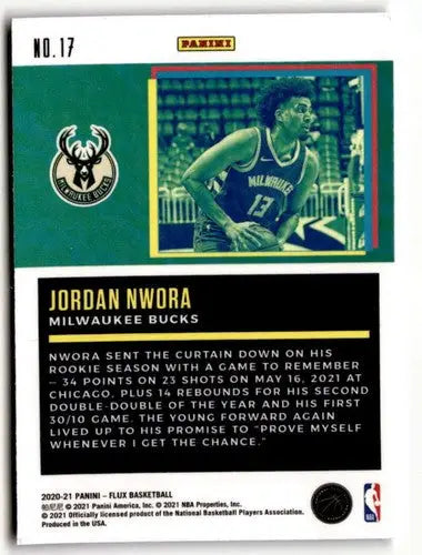Jordan Nwora basketball card from 2020-21 Panini Flux Freshman Year typical sell
