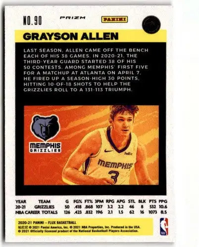 2020-21 Panini Flux Laser #90 Grayson Allen NM-MT Grizzlies ID:41564 - Basketball Card Single