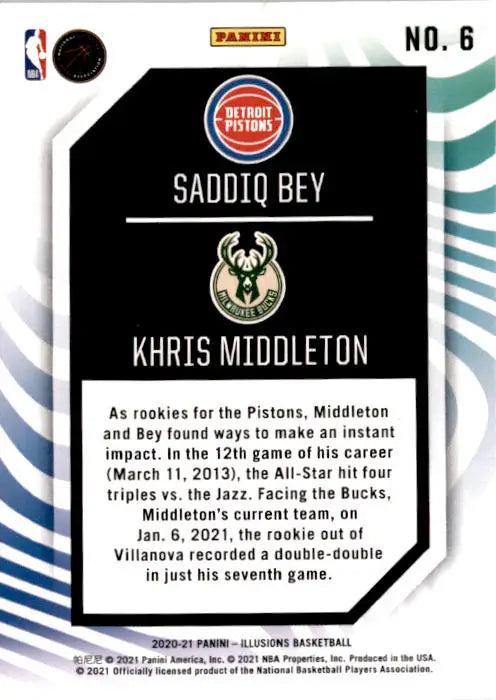 2020-21 Panini Illusions #6 Saddiq Bey / Khris Middleton Rookie Reflections - Basketball Card Single
