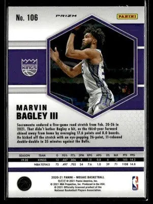 2020-21 Panini Mosaic #106 Marvin Bagley III Mosaic Reactive Blue Prizm Kings - Basketball Card Single