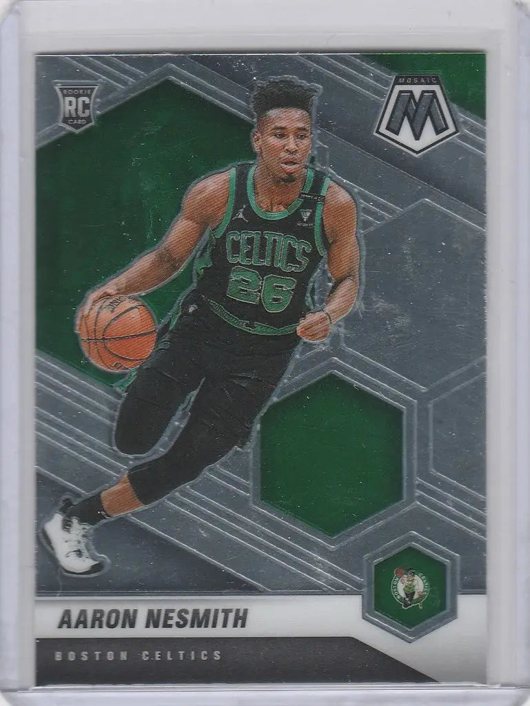 Basketball trading card of Aaron Nesmith in green uniform for Boston Celtics Panini Mosaic