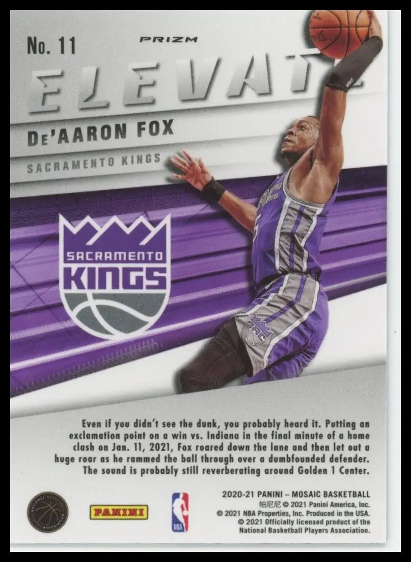 2020-21 Panini Mosaic Elevate Silver Mosaic DeAaron Fox #11 Sacramento Kings NBA - Basketball Card Single