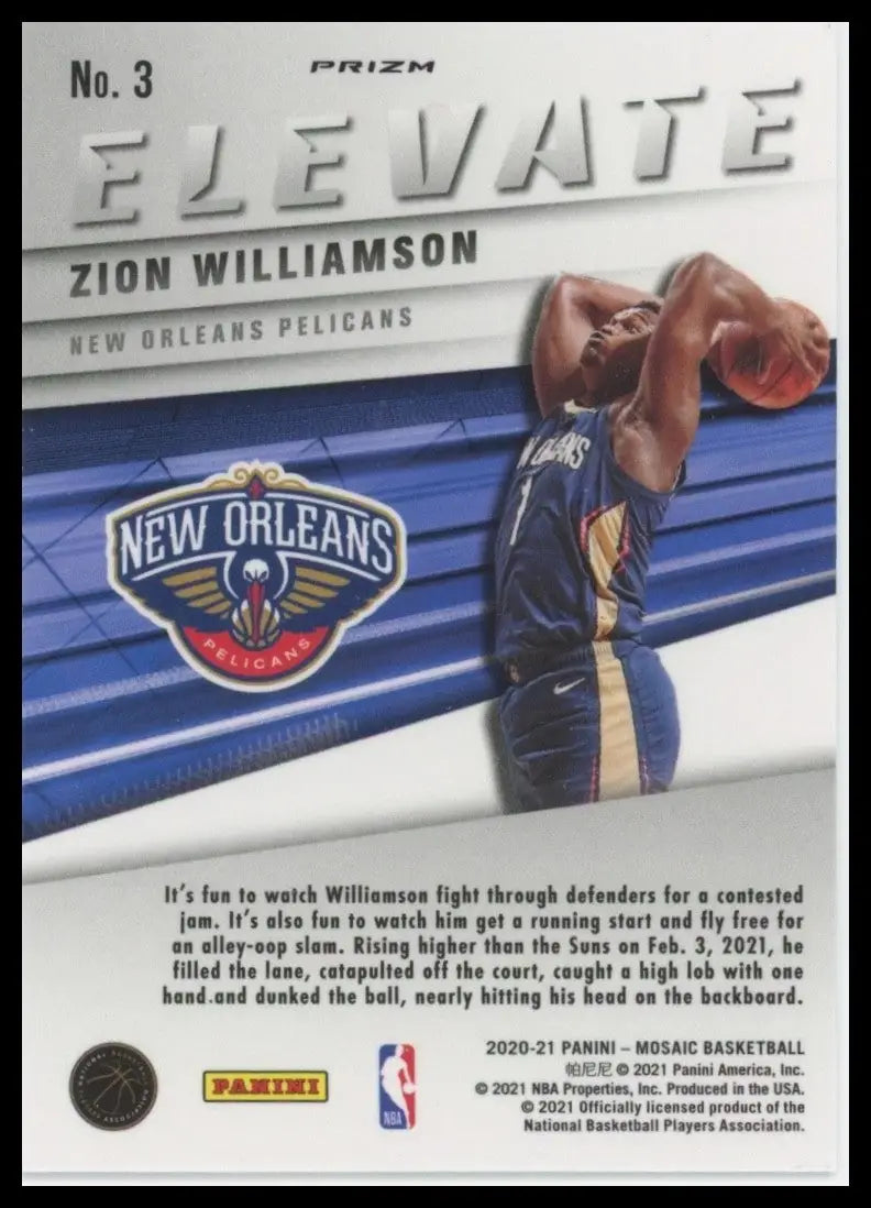 2020-21 Panini Mosaic Elevate Silver Mosaic Zion Williamson #3 NO Pelicans Card