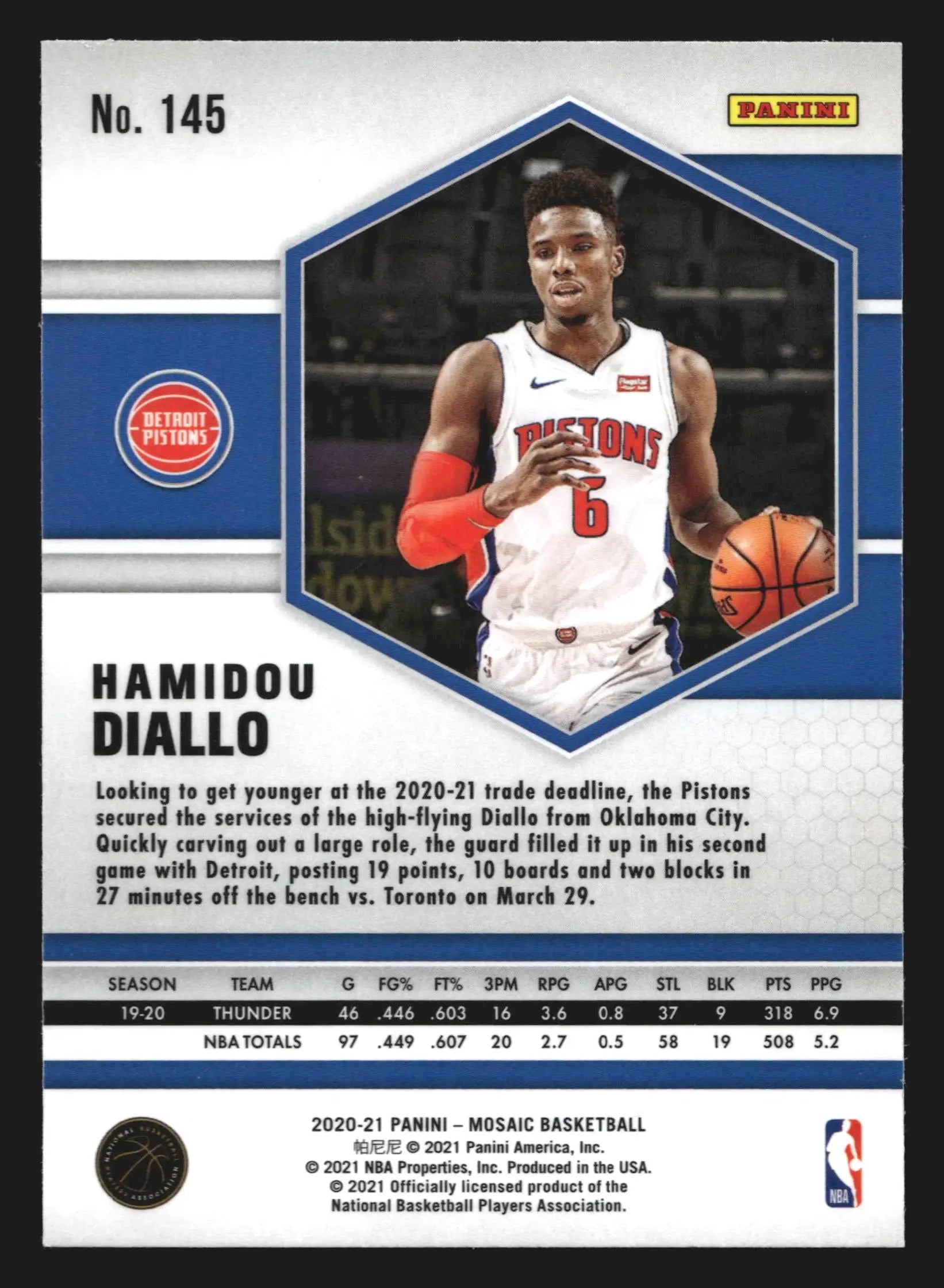 2020-21 Panini Mosaic Hamidou Diallo #145 Detroit Pistons